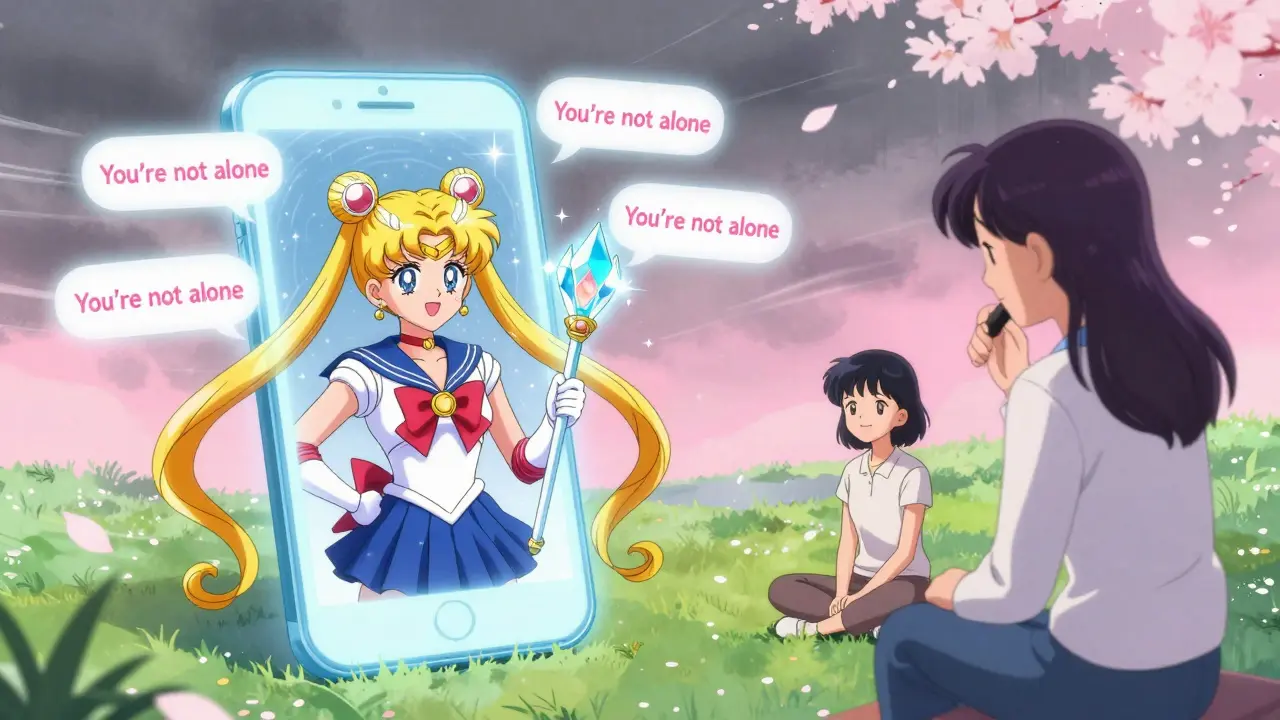 A crisis counselor on a glowing phone projects a peaceful meadow, surrounded by floating supportive messages in soft pastel tones.