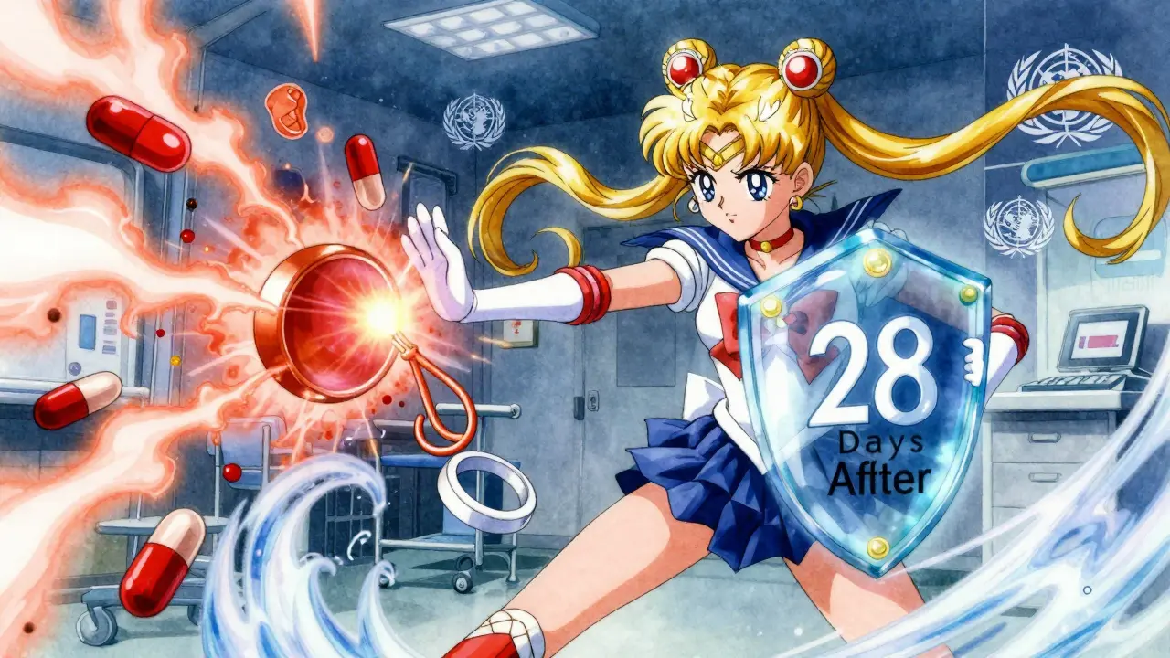 A glowing copper IUD defends against failing contraceptives in a stylized medical battle scene.