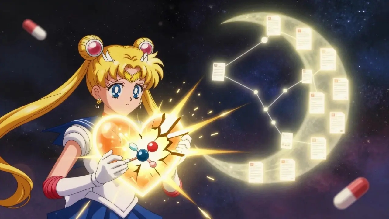 A glowing heart with a drug molecule cracks open, releasing golden energy as 15 report icons form a crescent moon constellation in a cosmic scene.