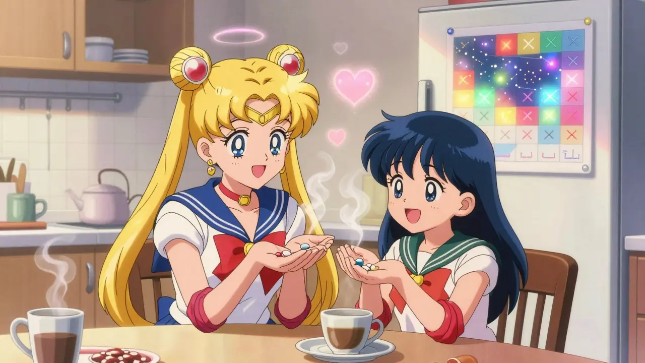 A grandmother and granddaughter take pills together at breakfast, with a starry adherence chart on the fridge.