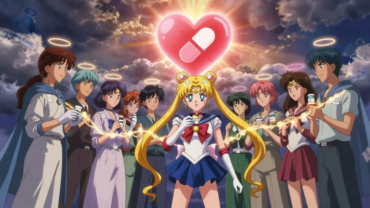 A group of patients united by glowing energy chains around medications, standing against a corporate symbol.