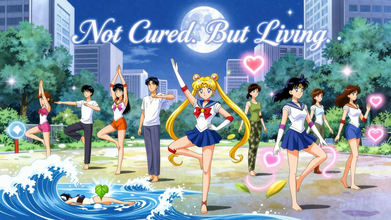 A group of people engage in gentle activities like yoga and swimming, each surrounded by glowing symbols of their coping strategies.