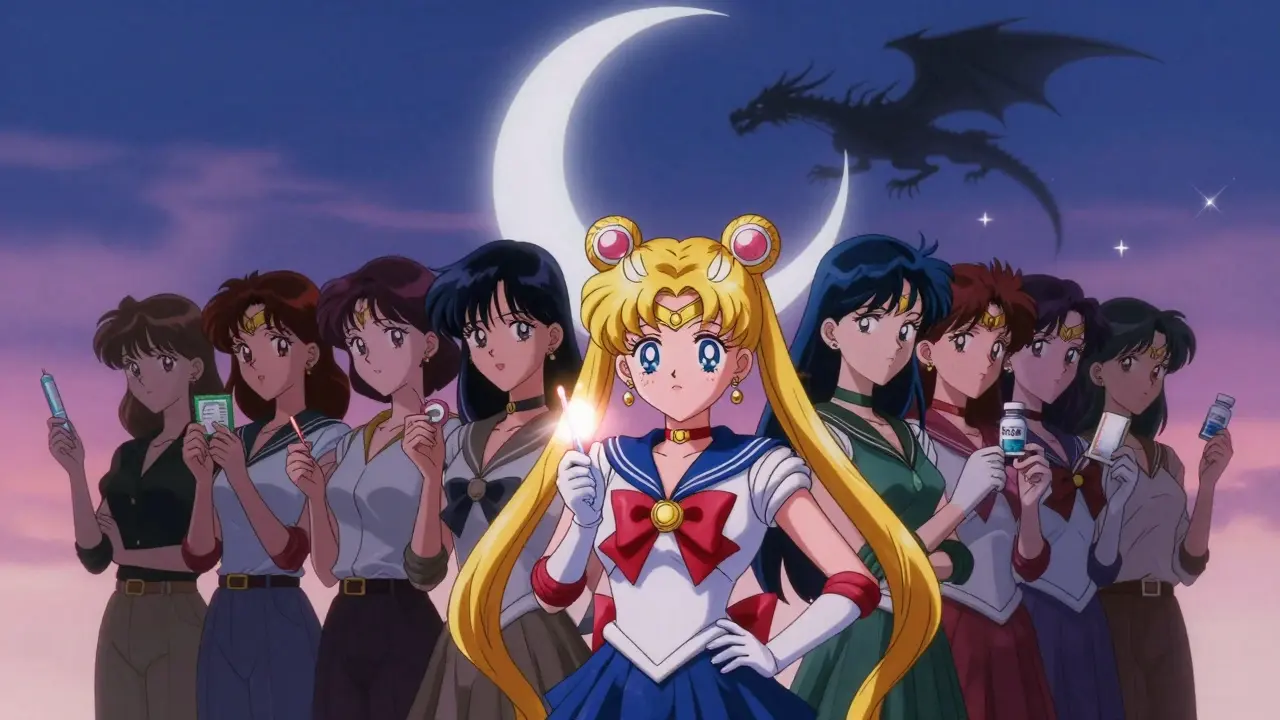 A group of women united under a moon, holding safe contraceptive options as a dangerous shadow fades away.