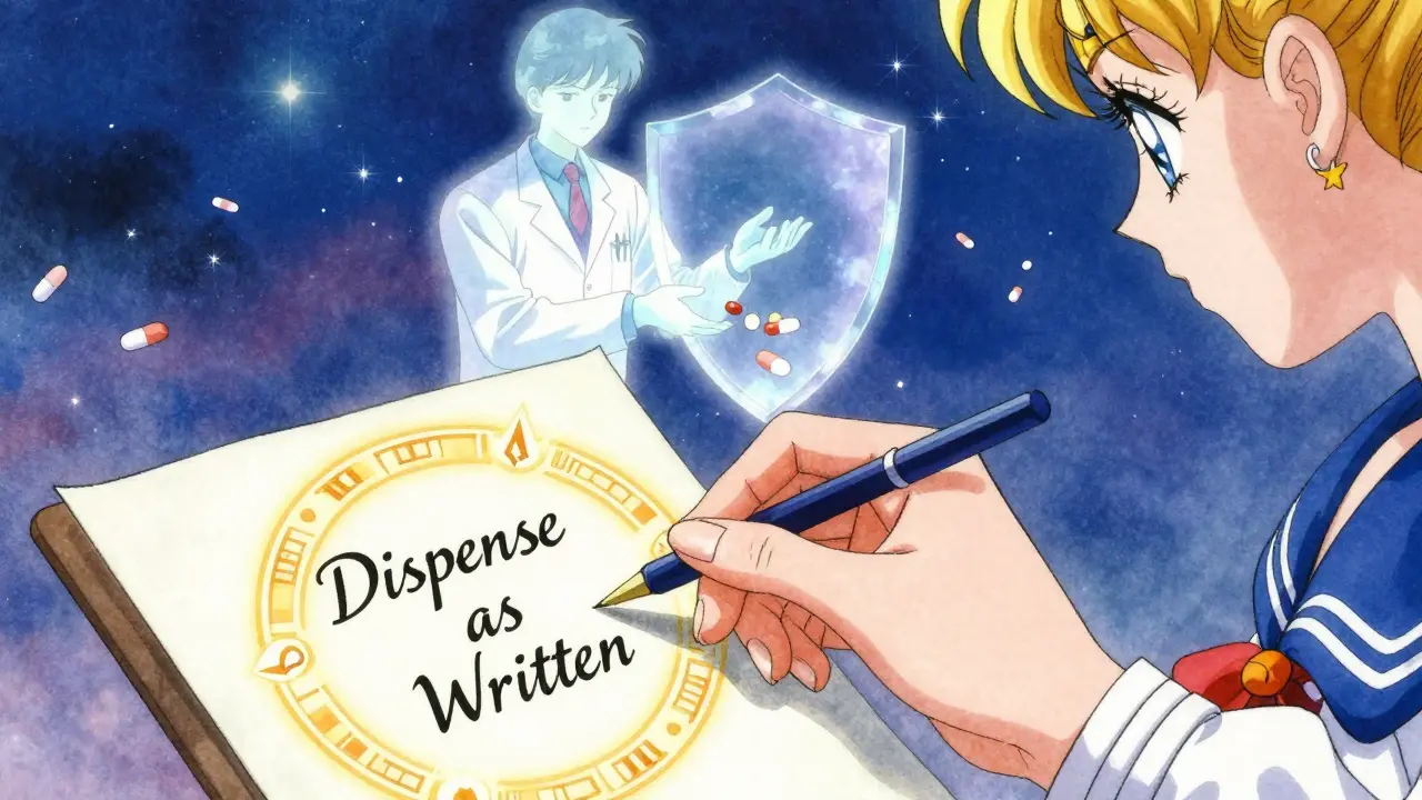 A hand placing a 'Dispense as Written' note on a prescription, protected by a glowing legal barrier.