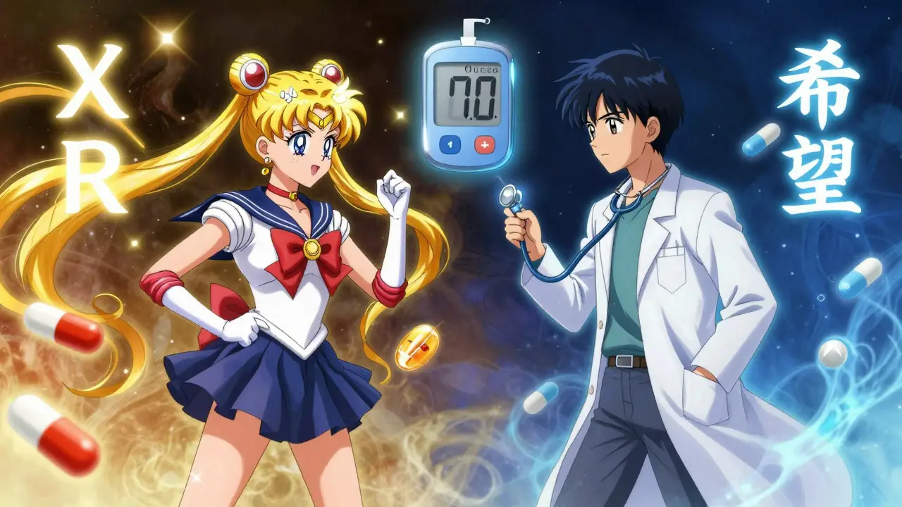 A hero in a lab coat stands between brand and generic diabetes pills as blood sugar levels stabilize in a mystical battle.