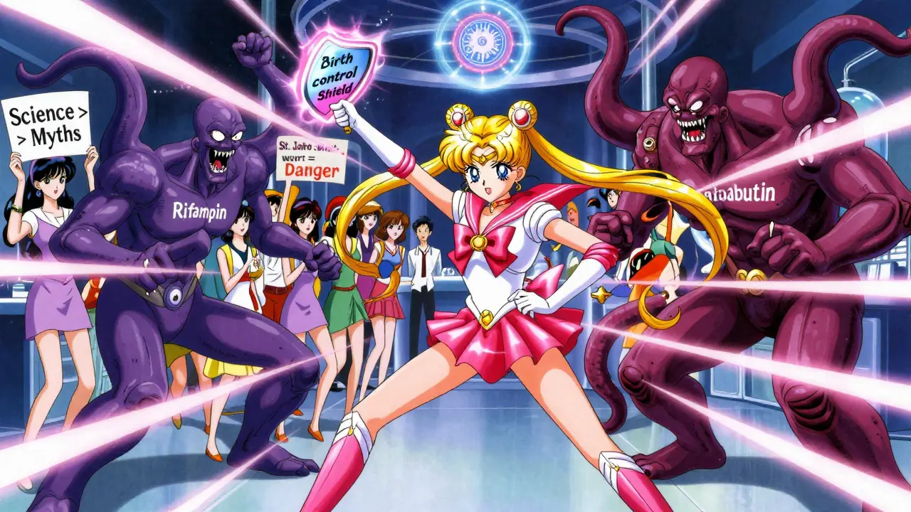 A heroic Hormone Guardian battles three monstrous antibiotics in a glowing lab, with a glowing FDA emblem above as women hold up science-themed signs.