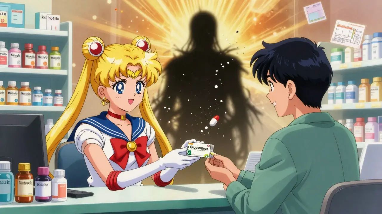 A pharmacist hands a generic diabetes pill to a patient while a brand-name pill crumbles into dust behind them.