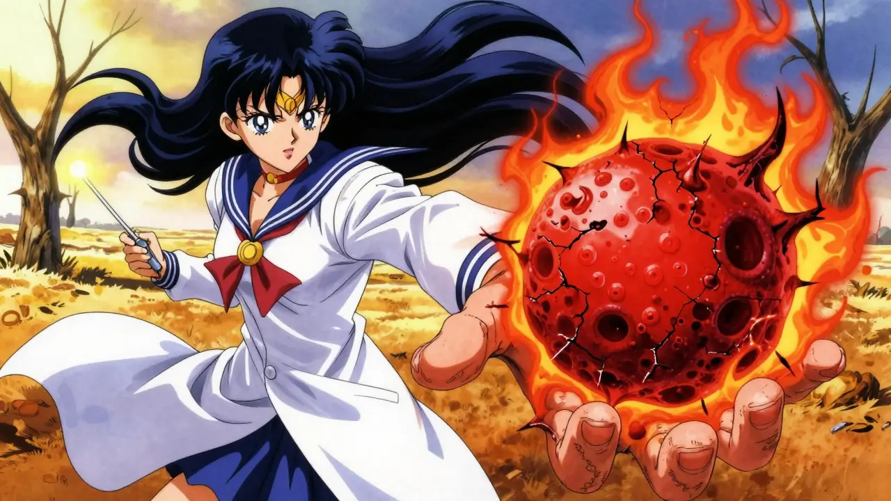 A red, scaly skin lesion on a hand radiating fiery energy, with a dermatologist reaching out.