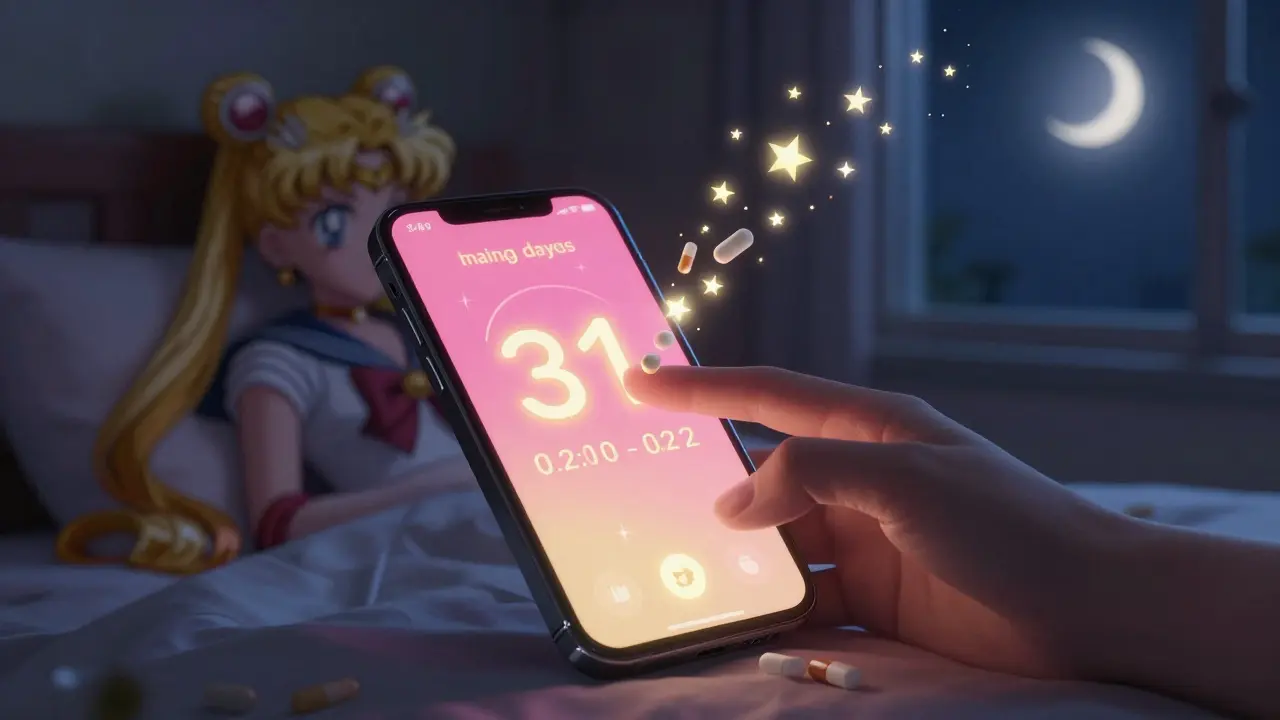 A smartphone displays a glowing 31-day streak as pills turn into stars, watched by a crescent moon at night.