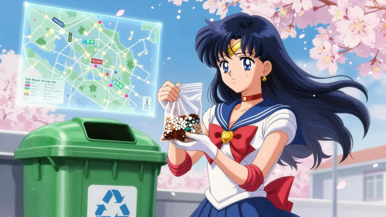 A woman disposing of pills with coffee grounds beside a take-back bin under a map of collection sites.