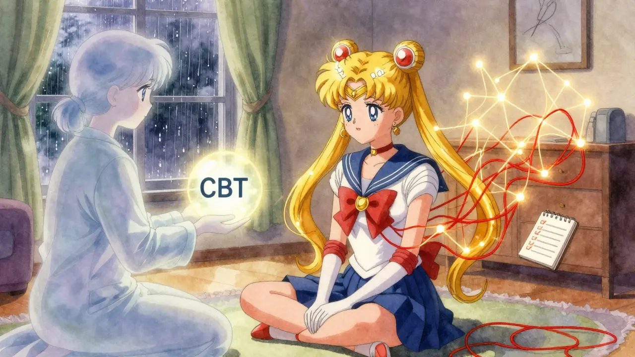 A woman meditates as her mind's neural network untangles into calm golden paths, representing CBT's impact on pain perception.