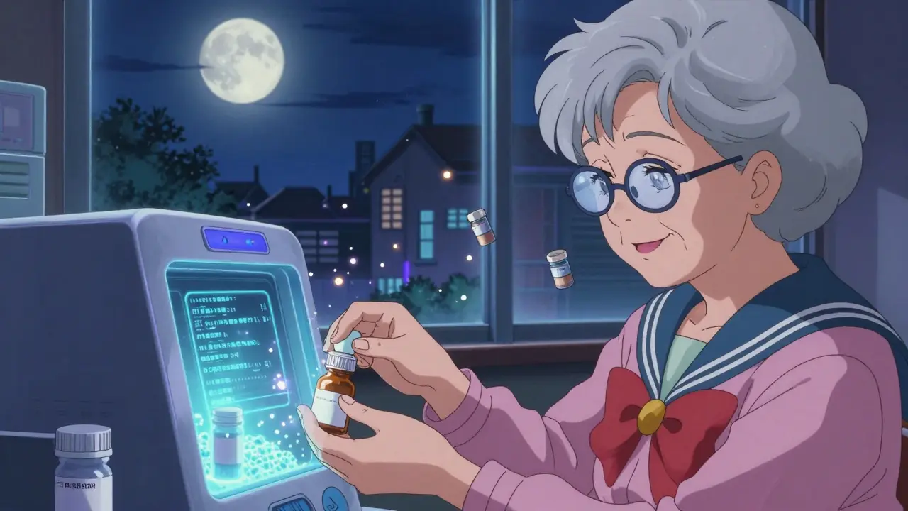 An elderly woman using a high-tech pharmacy kiosk that erases her prescription label, moonlight shining through the window.