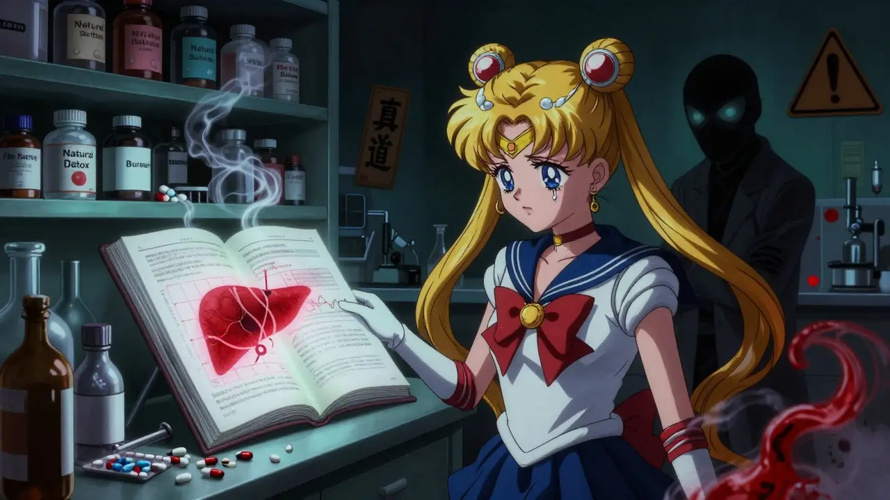 Dark lab with mislabeled supplements leaking toxins, glowing medical chart, and tearful girl.