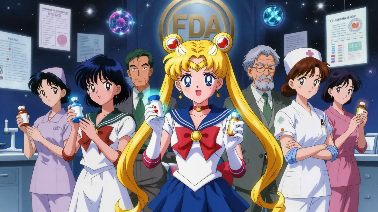Diverse patients and a nurse hold generic meds with glowing side effect auras, standing before floating medical charts and an FDA emblem in the sky.