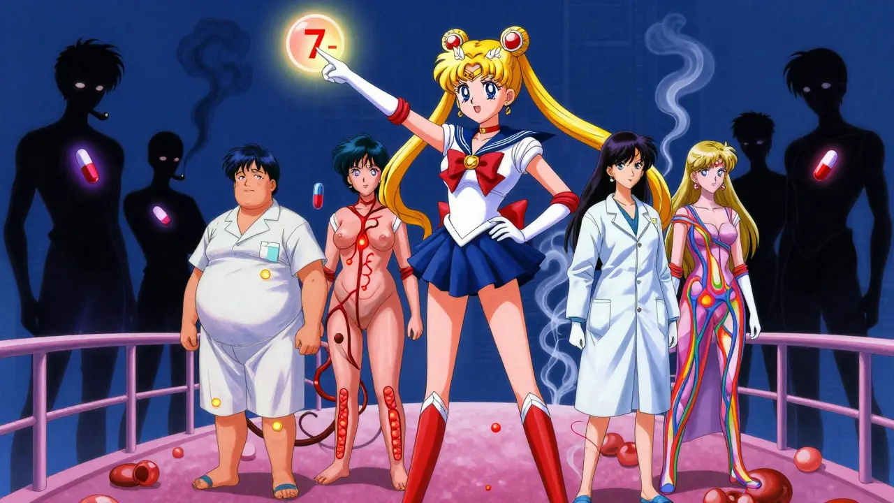Diverse patients on a tissue bridge, each with unique risk factors, guided by a Sailor Moon figure near a 7-day timer.