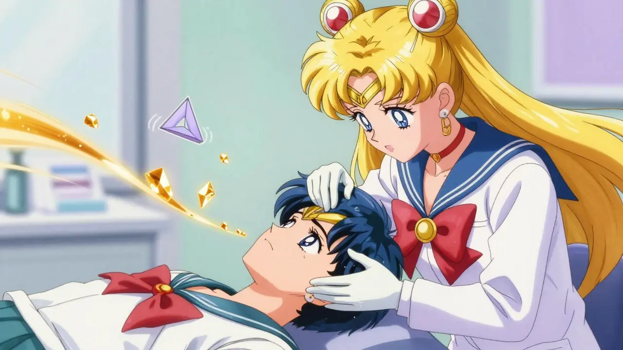 Doctor performing the Epley maneuver with golden crystal trails in a calm clinic setting.