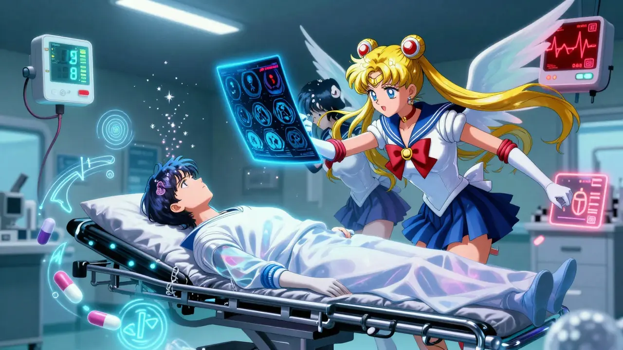 Emergency room with medical angels holding blue and red CT scans, patient surrounded by floating medical symbols and glowing kanji.
