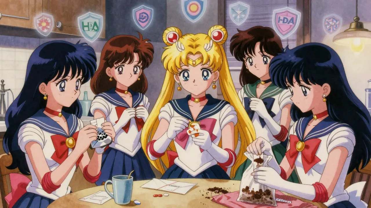 Friends disposing of medications safely using pouches and envelopes, soft lighting and floating privacy shields in the background.