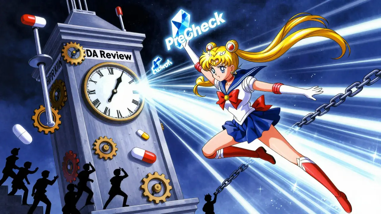 Giant FDA review clocktower with pill gears, small manufacturers struggling, Teva team breaking free with PreCheck crystal.