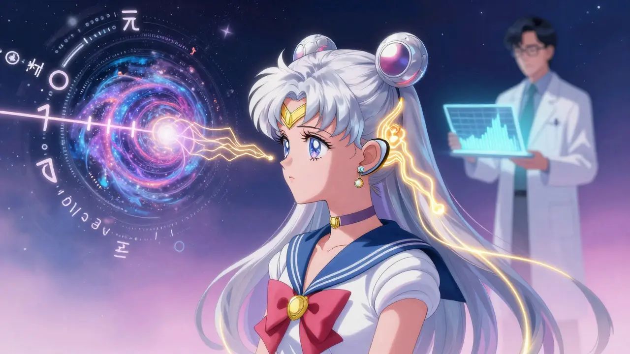 Girl receiving cochlear implant with golden neural energy forming word symbols