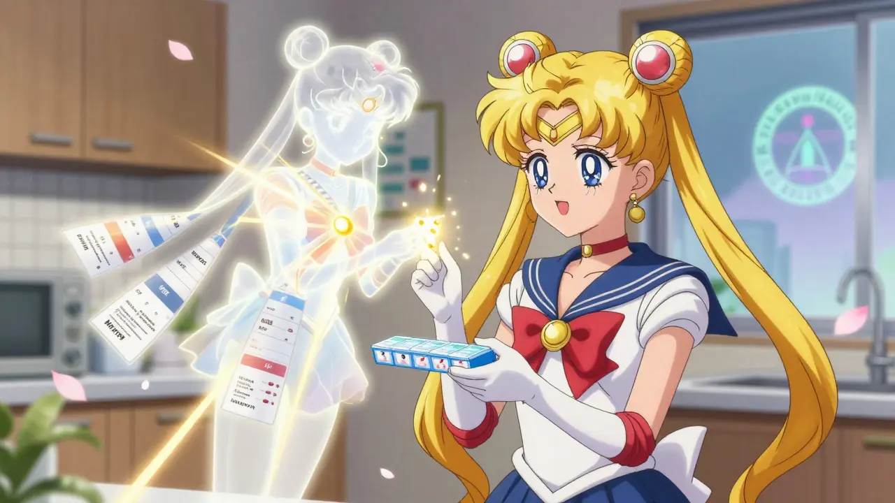 Patient and caregiver with pill organizer, spiritual guardian of safety hovering above, golden light highlighting each labeled pill.