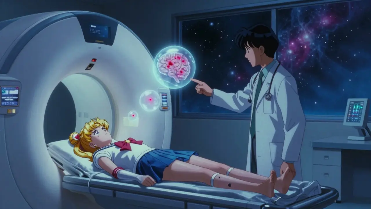 Patient in hospital receiving MRI scan, with hidden brain damage visible as glowing red dots in magical anime style.