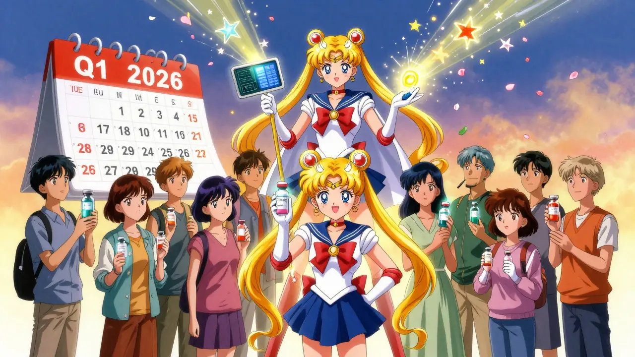 Patients glowing with affordable meds under a 2026 EHR prophecy figure in Sailor Moon-inspired medical cape.