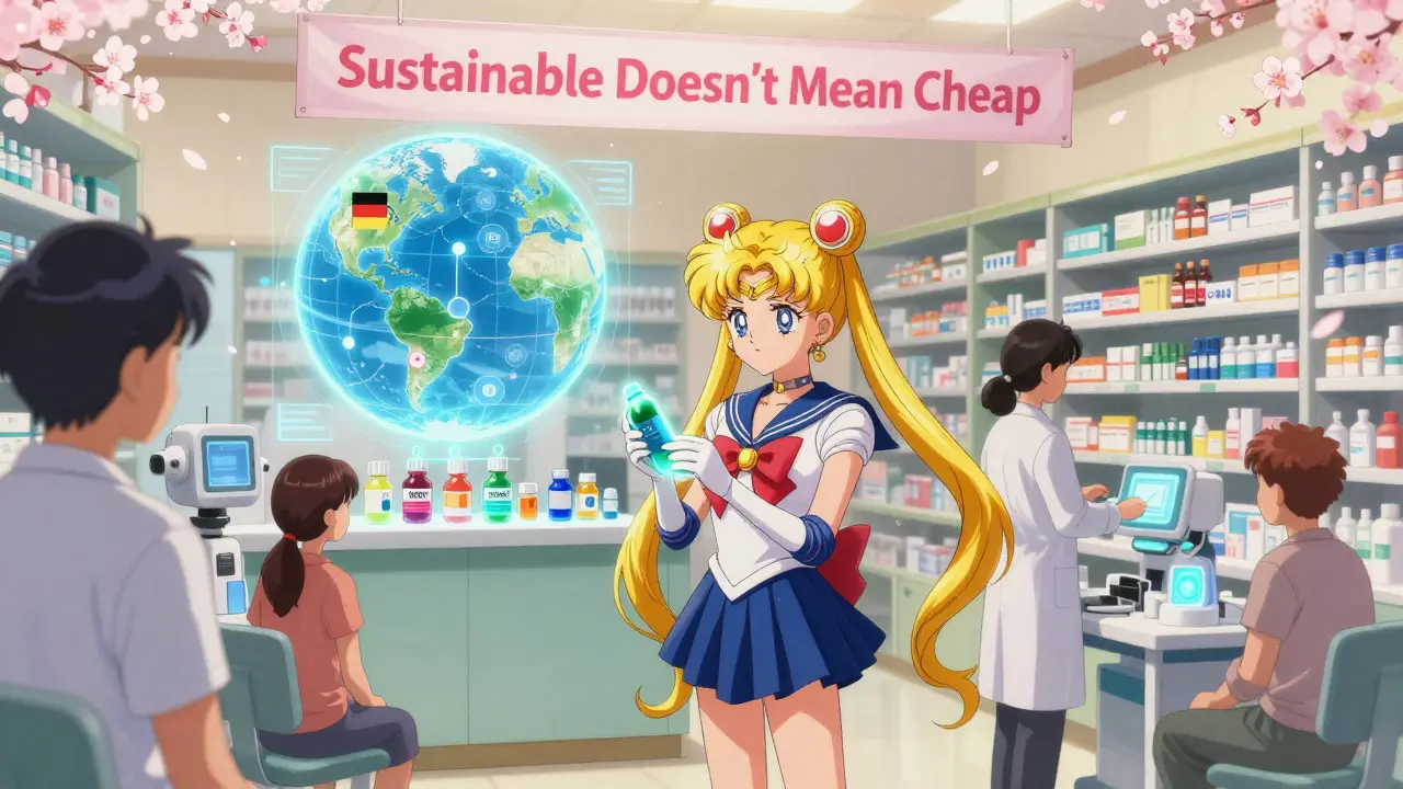 Patients receive glowing complex generics in a futuristic pharmacy with global supply chains glowing on a hologram.