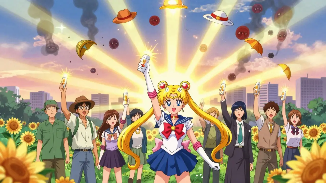 People holding sunscreen bottles that create a protective sun shield, dissolving cancer shadows.