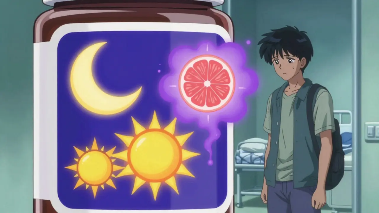 Pharmacy warning stickers with glowing icons on a medicine bottle, showing drowsiness, sun sensitivity, and grapefruit danger.