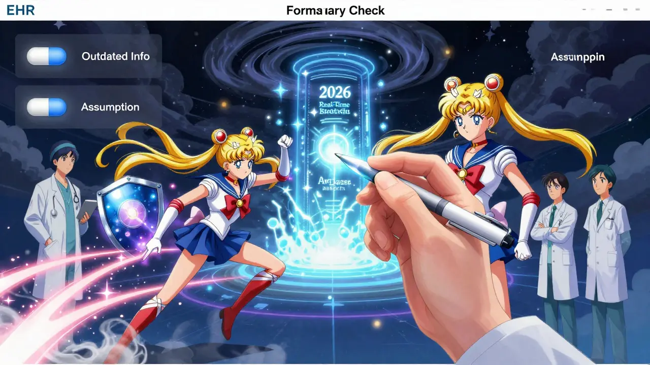 Physician fighting outdated prescribing habits with heroic drug icons in a digital anime battlefield.