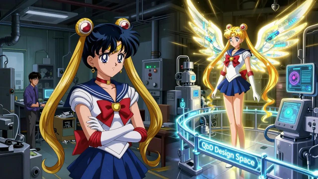 Split scene: old factory vs high-tech plant connected by a glowing QbD bridge under an FDA angel's light.