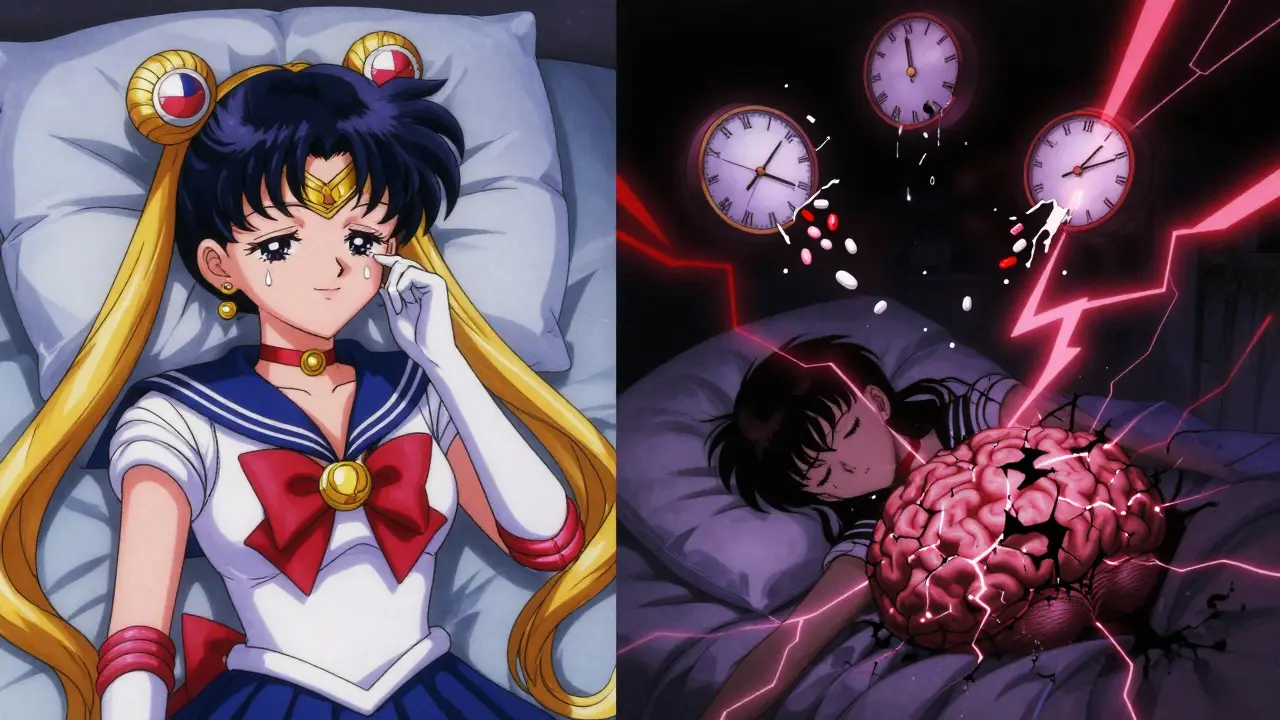Split scene showing neglect vs. consequences of TIA, with shadowy brain damage and medical symbols in dreamlike anime style.