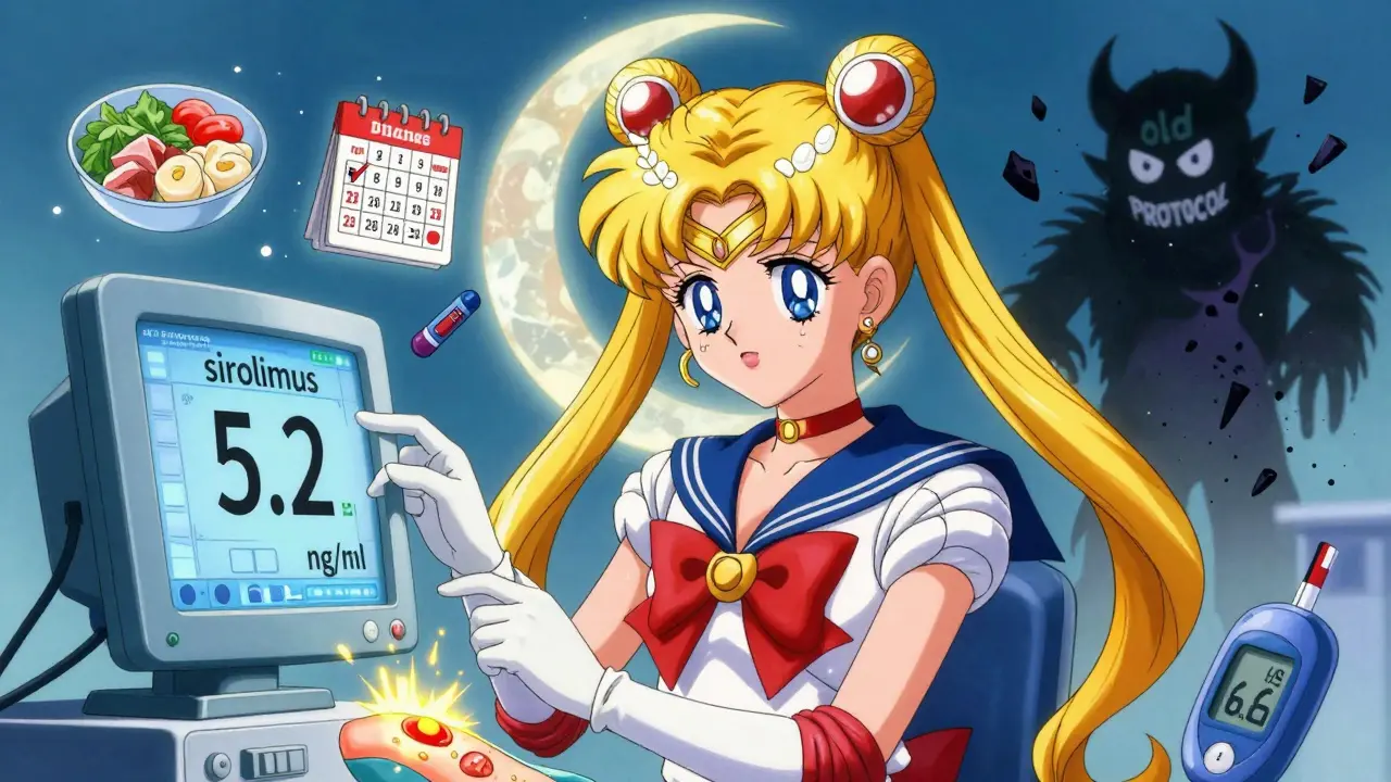 Surgeon adjusting sirolimus levels with icons of nutrition, blood sugar, and healing light, moon emblem glowing softly.