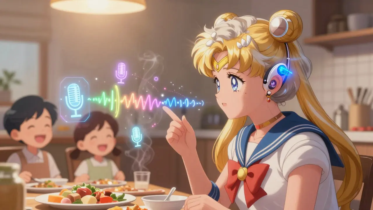 Three floating microphones send colored sound waves to a person’s advanced hearing aid during a family dinner, creating a magical connection.