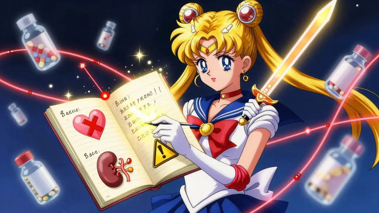 Woman holding a glowing warning log notebook with protective light beams, surrounded by floating medication bottles.