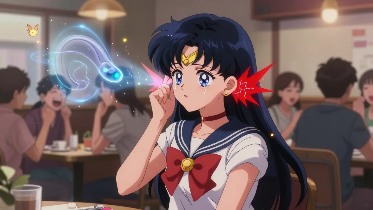 Woman in café with cracked ears and floating hair cells, hearing aid glowing nearby