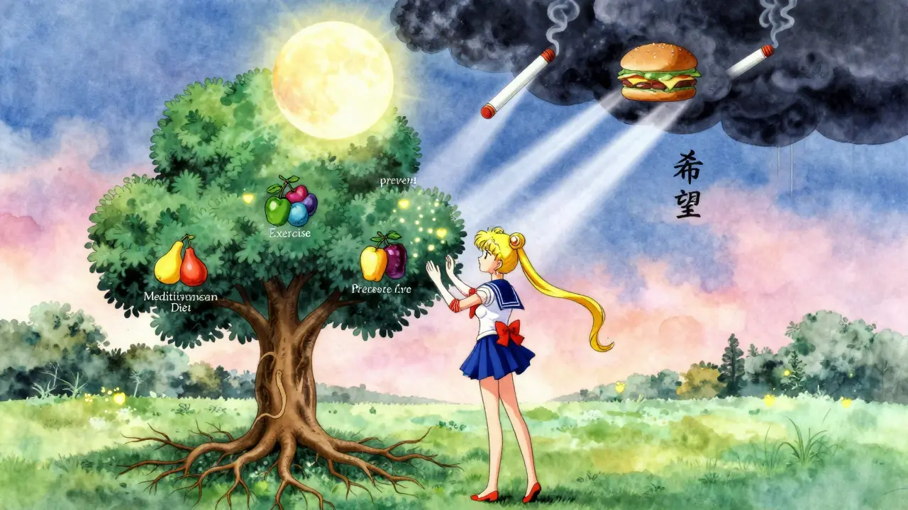 Woman in sailor outfit tending an artery-shaped tree with prevention fruits, moonlight dissolving smoke and junk food clouds.