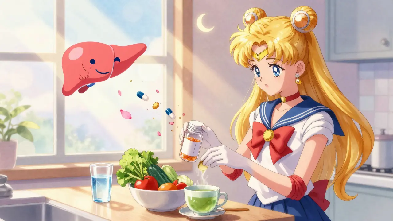 Woman replacing supplements with healthy foods under warm sunlight, liver smiling.