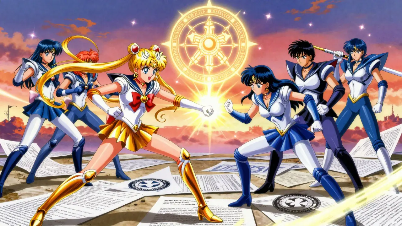 A battle between a golden-armored brand drug warrior and blue-suited generic heroes on a field of legal documents.