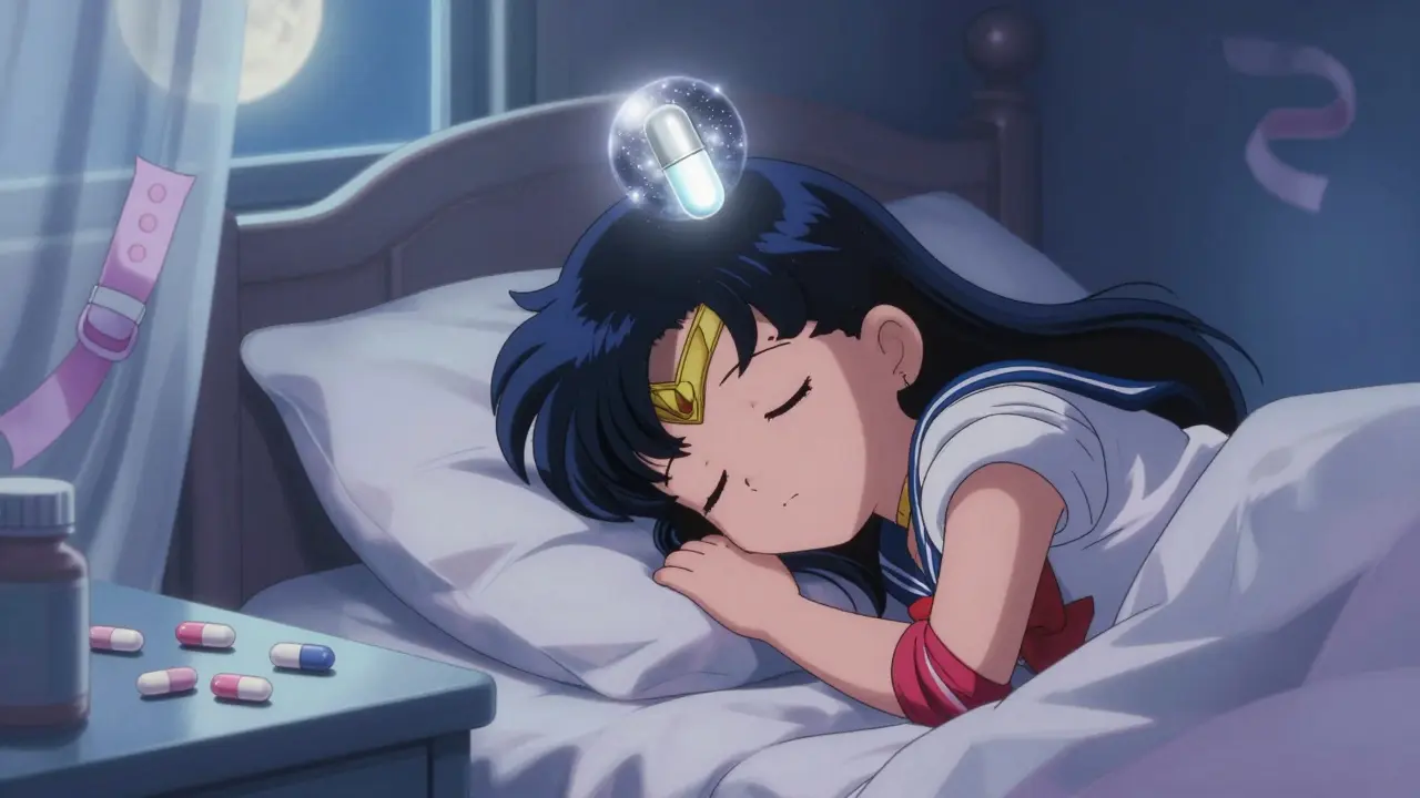 A child sleeping peacefully as a single dexamethasone pill hovers above them, symbolizing one-dose treatment.