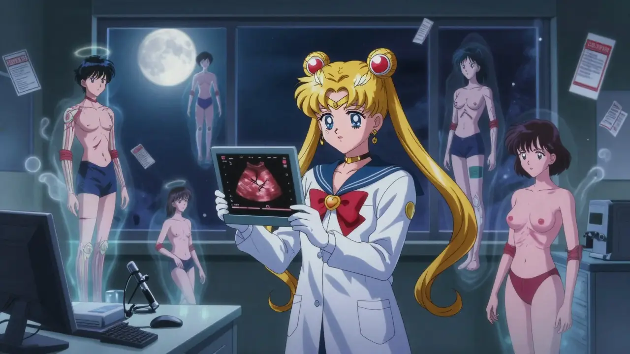 A doctor holding a glowing heart scan surrounded by ghostly athletes with steroid-related injuries.