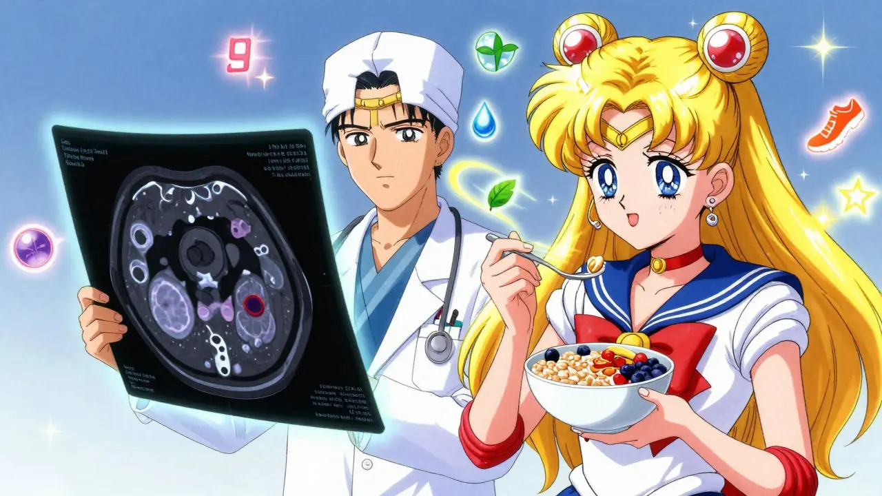 A doctor shows a glowing CT scan of inflamed diverticula while a patient eats fiber-rich food surrounded by health icons.