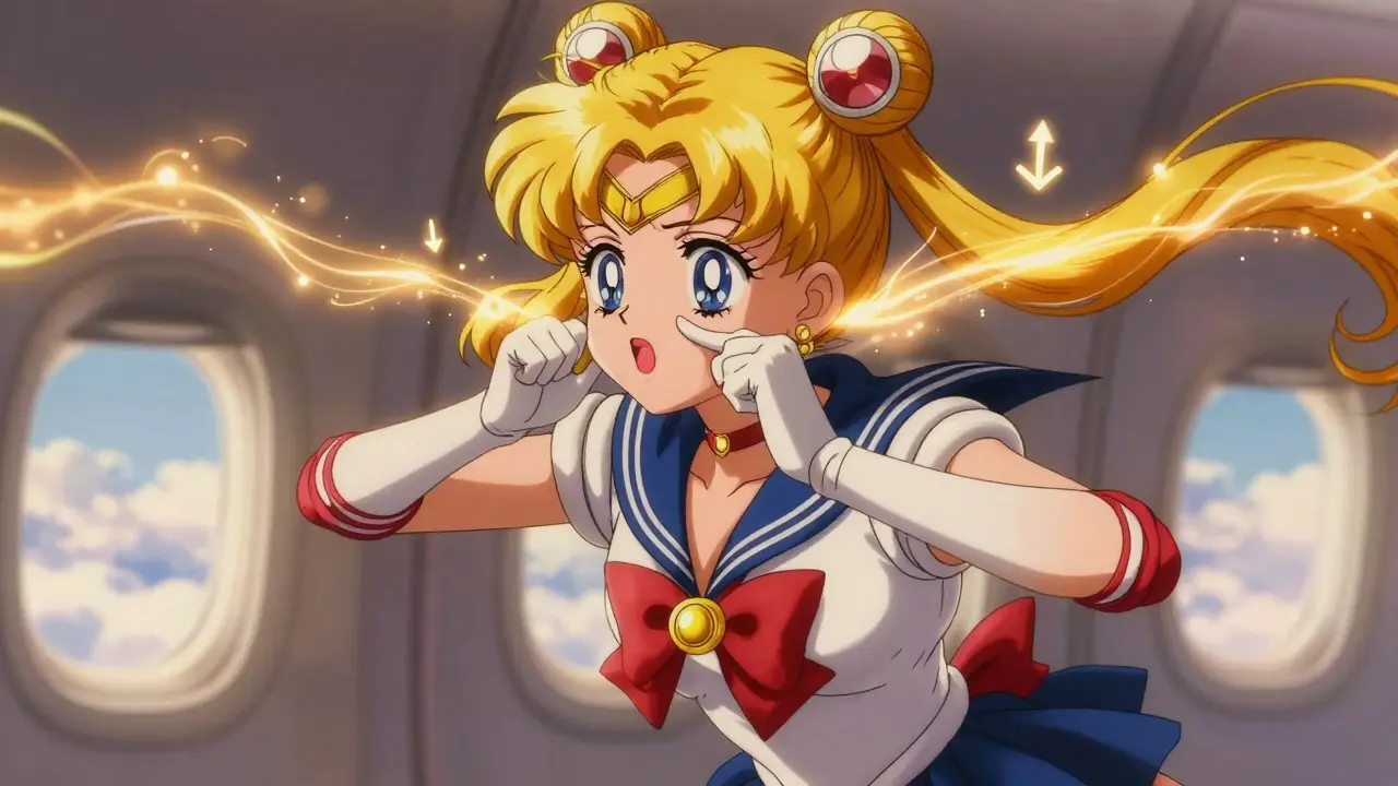 A girl performing the Toynbee maneuver with a golden energy stream balancing ear pressure, wearing a charm earplug.