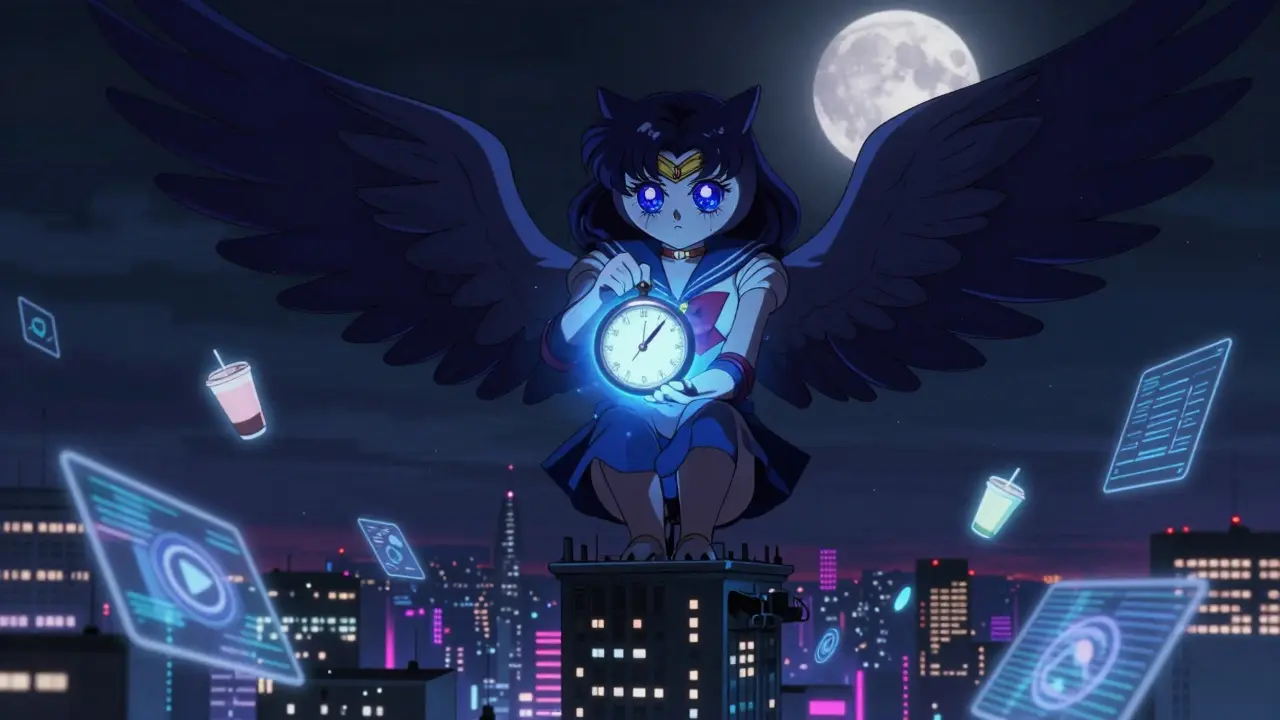 A night owl with starry eyes stands on a neon tower at 3 a.m., surrounded by floating caffeine cups and digital icons.