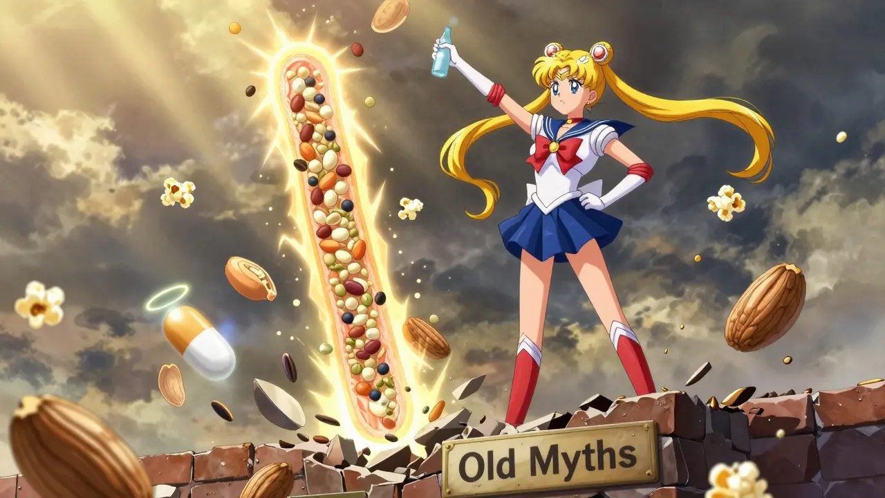 A patient stands triumphantly as old dietary myths crumble, replaced by glowing healthy colon and floating fiber foods.