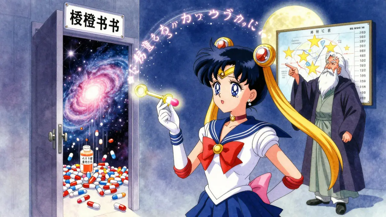 A patient unlocks a door labeled 'Orange Book' as generic pills rain down in a cosmic galaxy of patent timelines.