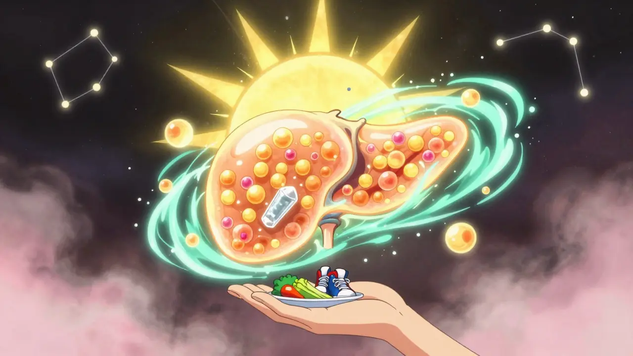 A regenerating pancreas in space, shrinking fat droplets, and rising insulin crystals under a rising sun.