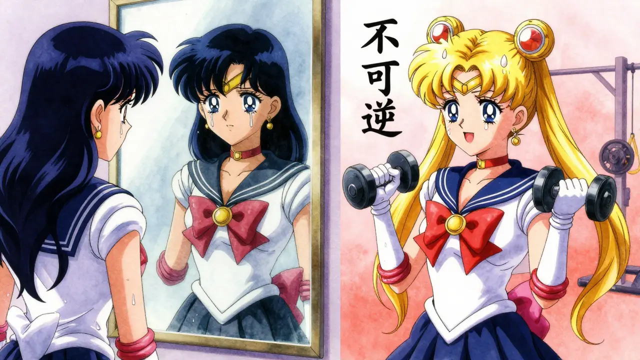 A woman comparing her current altered appearance to her past natural self in a mirror.