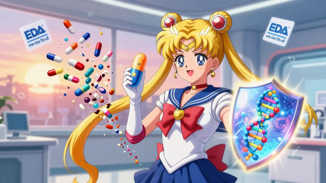 A young patient holding a star-shaped personalized pill protected by DNA strands.